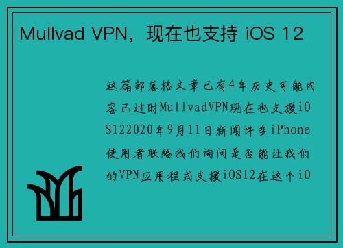 Mullvad VPN，现在也支持 iOS 12 